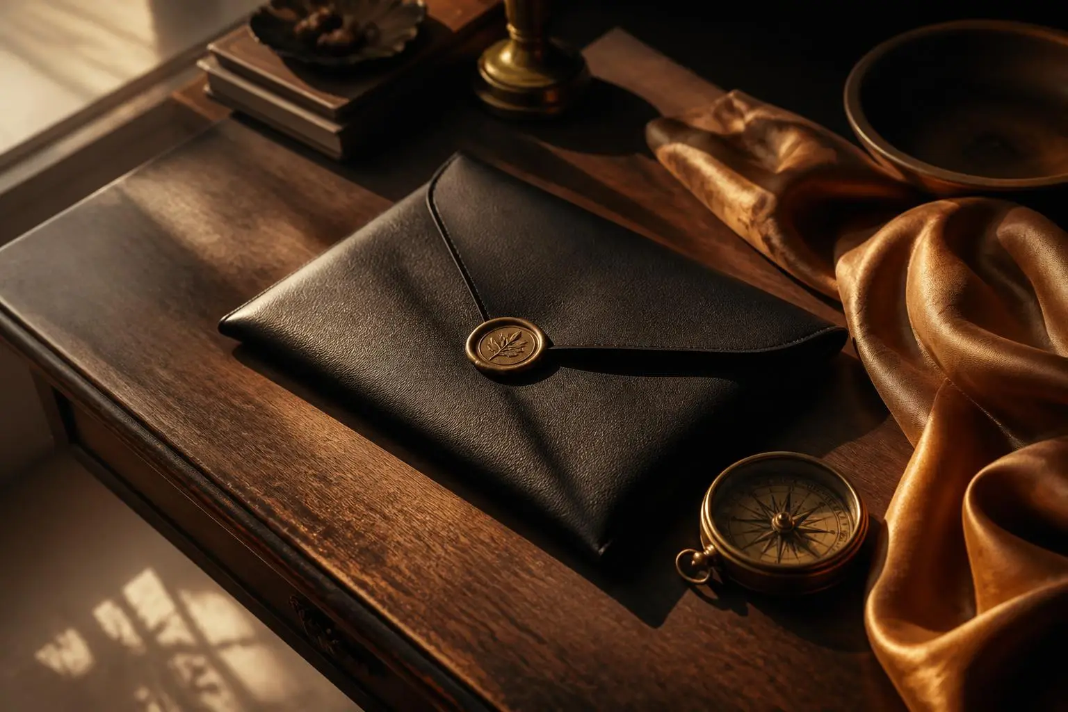 A sealed leather envelope on a walnut desk beside a brass compass — a secret destination.