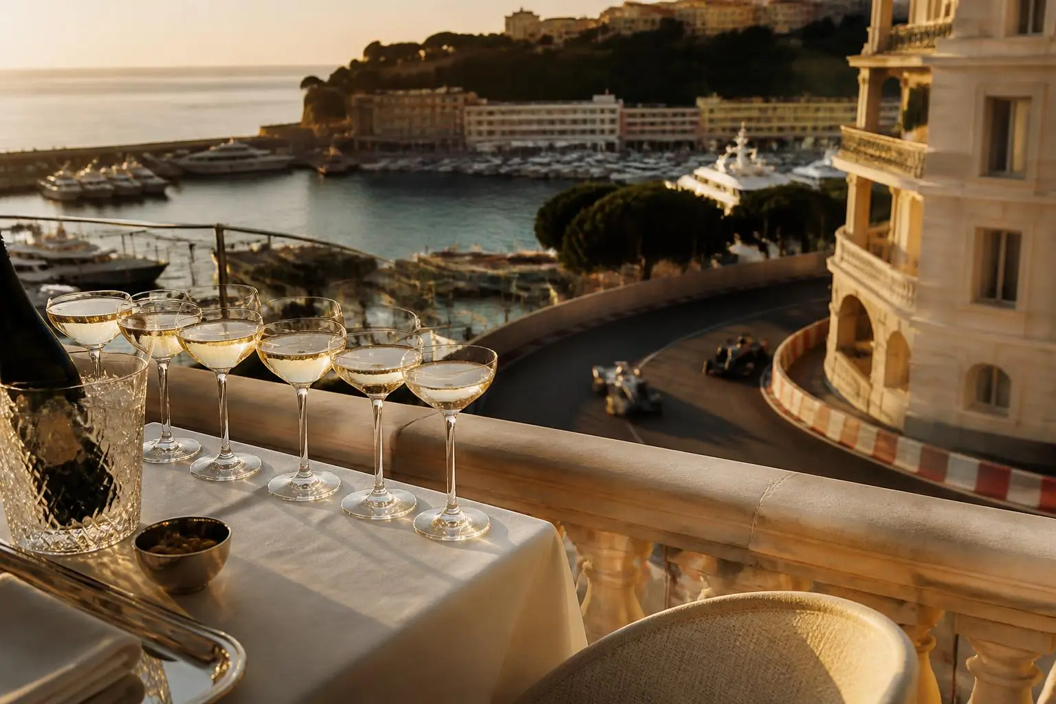 Champagne coupes on a terrace above the Monaco Grand Prix circuit at golden hour.